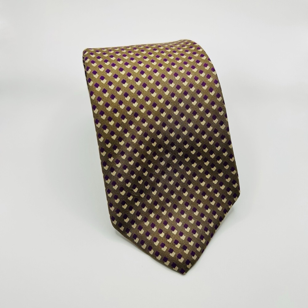 Calvin Klein Olive Green Tie with Purple and Cream Dot Pattern
